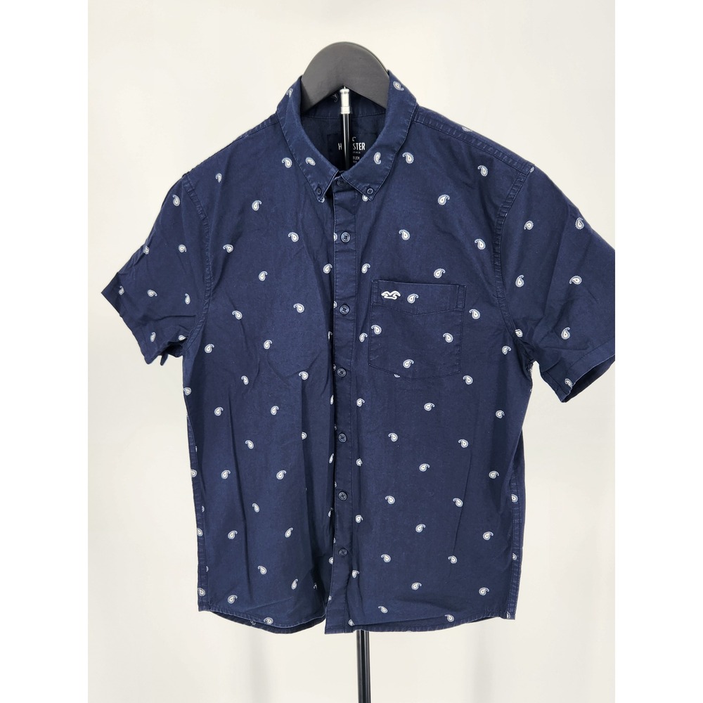 Hollister Mens Navy Blue Paisley Epic Flex Stretch Short Sleeve Shirt Small